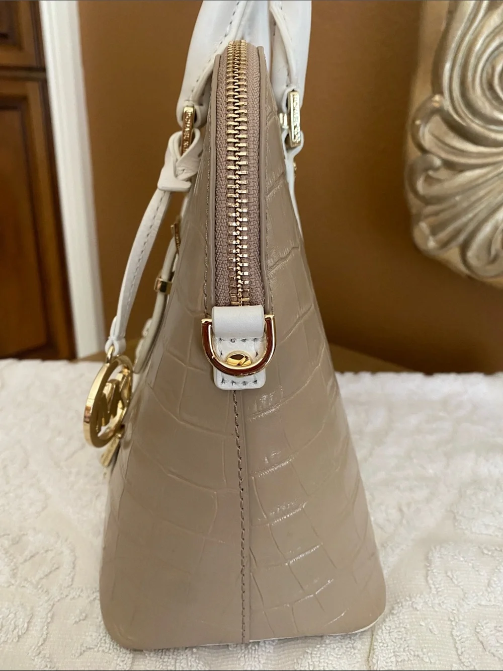 Michael Kors Taupe Croc-Embossed Satchel with White Trim and Gold Hardware
